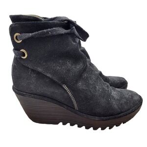 Fly London Ankle Boot Womens 7.5 / 8 Yama Black Suede Wedge Lace-up Back Booties